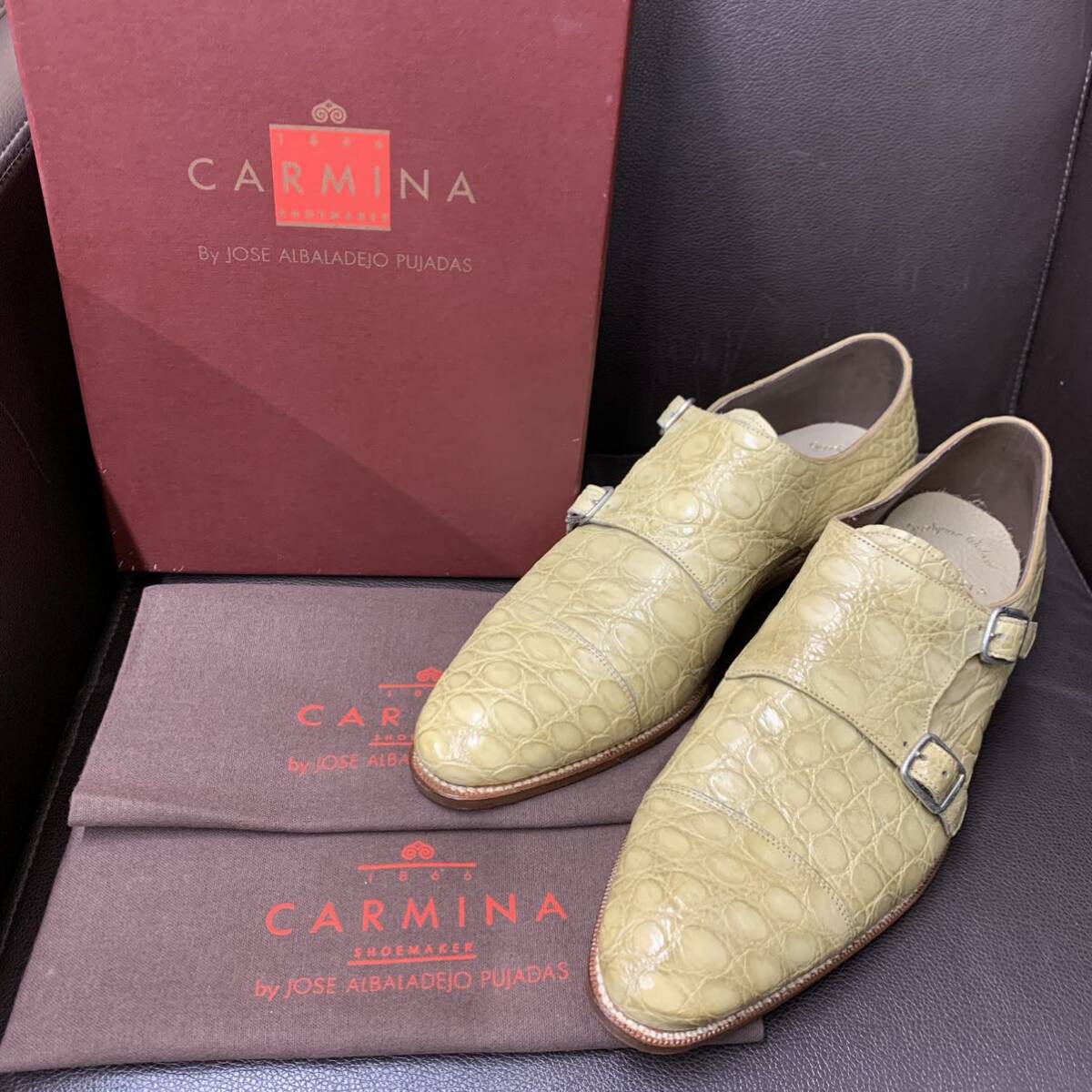 CARMINA 10003 81 2サイズ DEIA SUELA CYCODRILO カルミナ ダブルモンク レザーシューズ クロコダイル ベージュ系